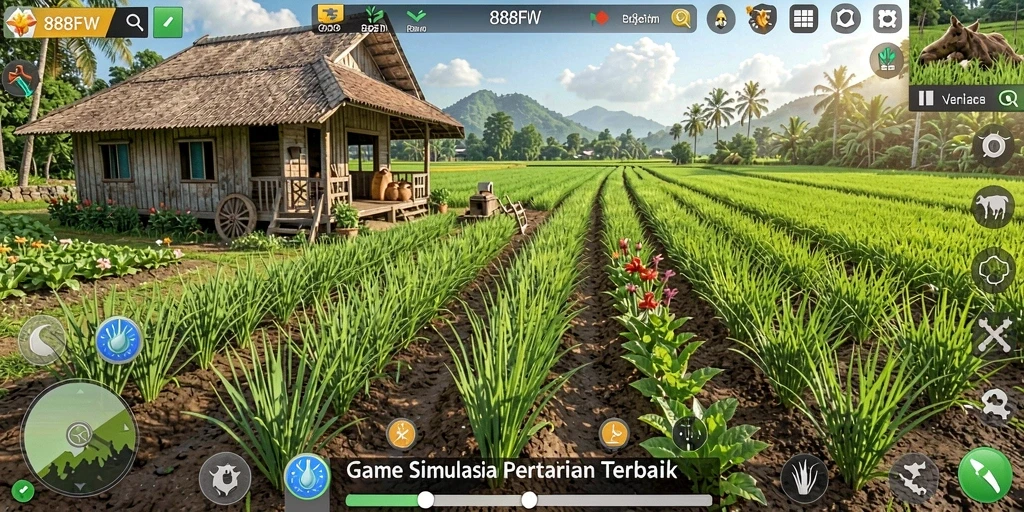 Tangkapan layar gameplay 888FW menampilkan ladang yang subur dan hewan ternak.