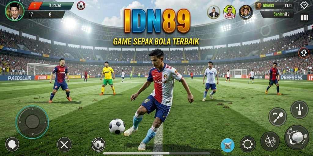 Tangkapan layar utama IDN89 menampilkan aksi pertandingan sepak bola yang mendebarkan.