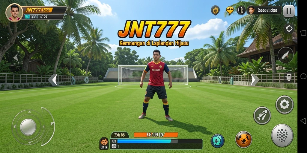 Screenshot utama JNT777 menampilkan aksi sepak bola yang mendebarkan.