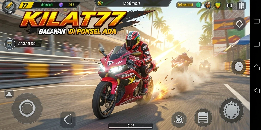 Screenshot gameplay KILAT77 menampilkan motor balap yang melaju kencang di trek menantang.
