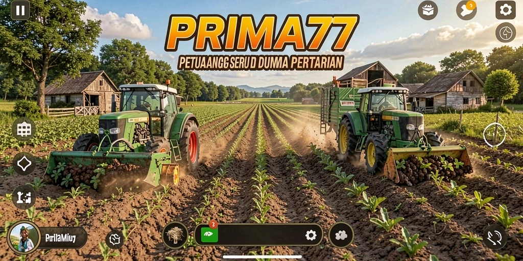 Tampilan gameplay PRIMA77 yang menunjukkan ladang subur dan aktivitas bertani.