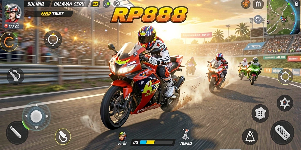 Screenshot gameplay RP888 menampilkan aksi balap motor yang mendebarkan.