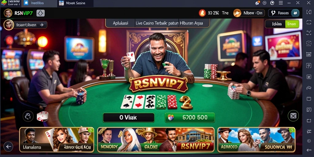 Screenshot gameplay RSNVIP7 menunjukkan dealer profesional dan suasana kasino yang hidup.