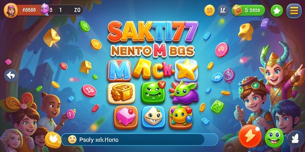 Screenshot gameplay SAKTI77 dengan elemen Match-3 yang penuh warna.