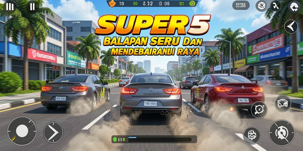 Tampilan gameplay <strong>SUPER5</strong> dengan aksi balapan mendebarkan dan mobil cepat.