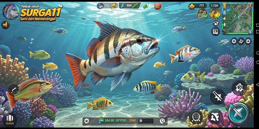 Screenshot gameplay SURGA11 menampilkan aksi menembak ikan yang seru dan mendebarkan.