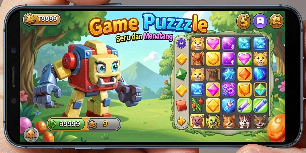 Tangkapan layar gameplay T9999 menunjukkan keseruan menyusun batu Match-3.