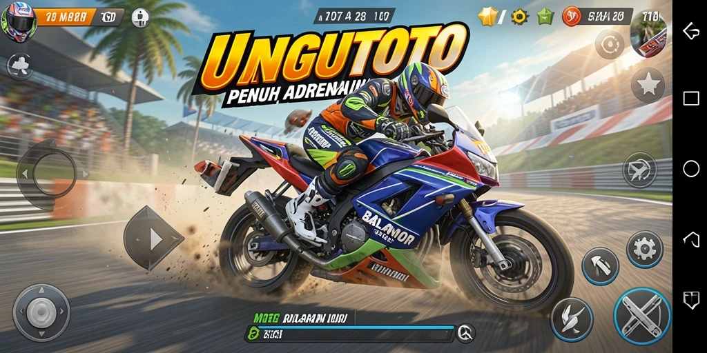 Screenshot gameplay UNGUTOTO menampilkan balapan motor yang mendebarkan.